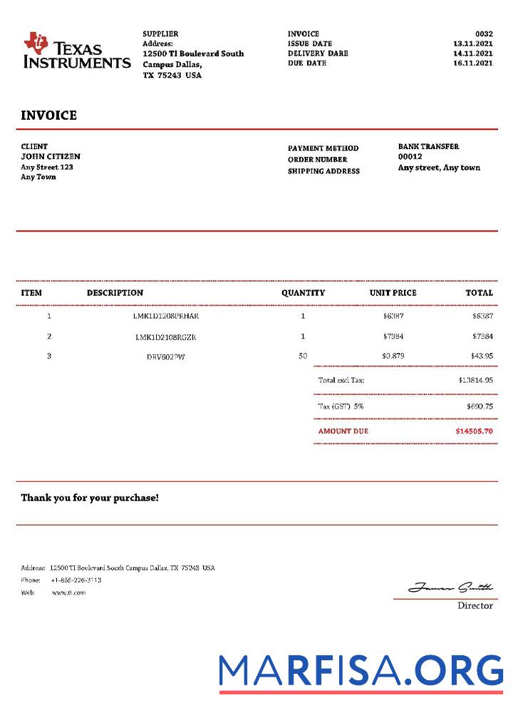 Realistic USA Texas Instruments invoice real example